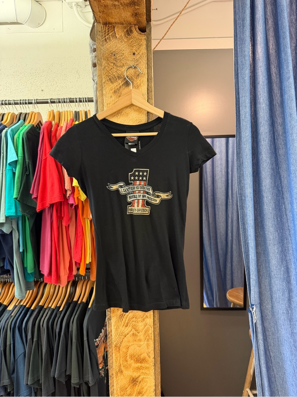 Vintage Harley-Davidson Black Women's Short Sleeve Graphic Tee with Flag Shield